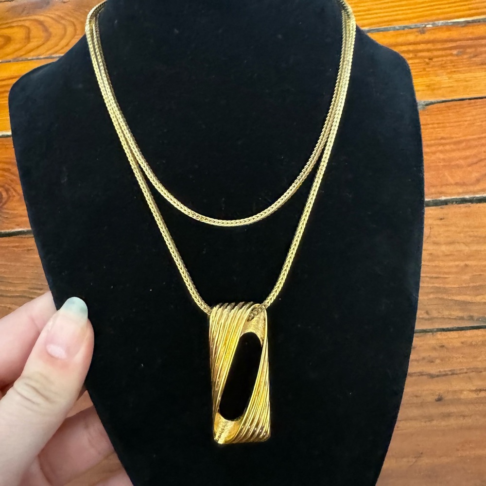 Vintage Monet Long Gold Sleek Textured Pendant Necklace